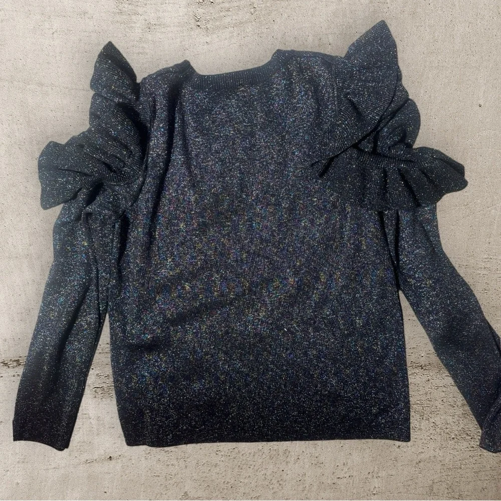 Sunset & Spring black metallic ruffle shoulder sweater glitter sz M preppy chic - Picture 9 of 14